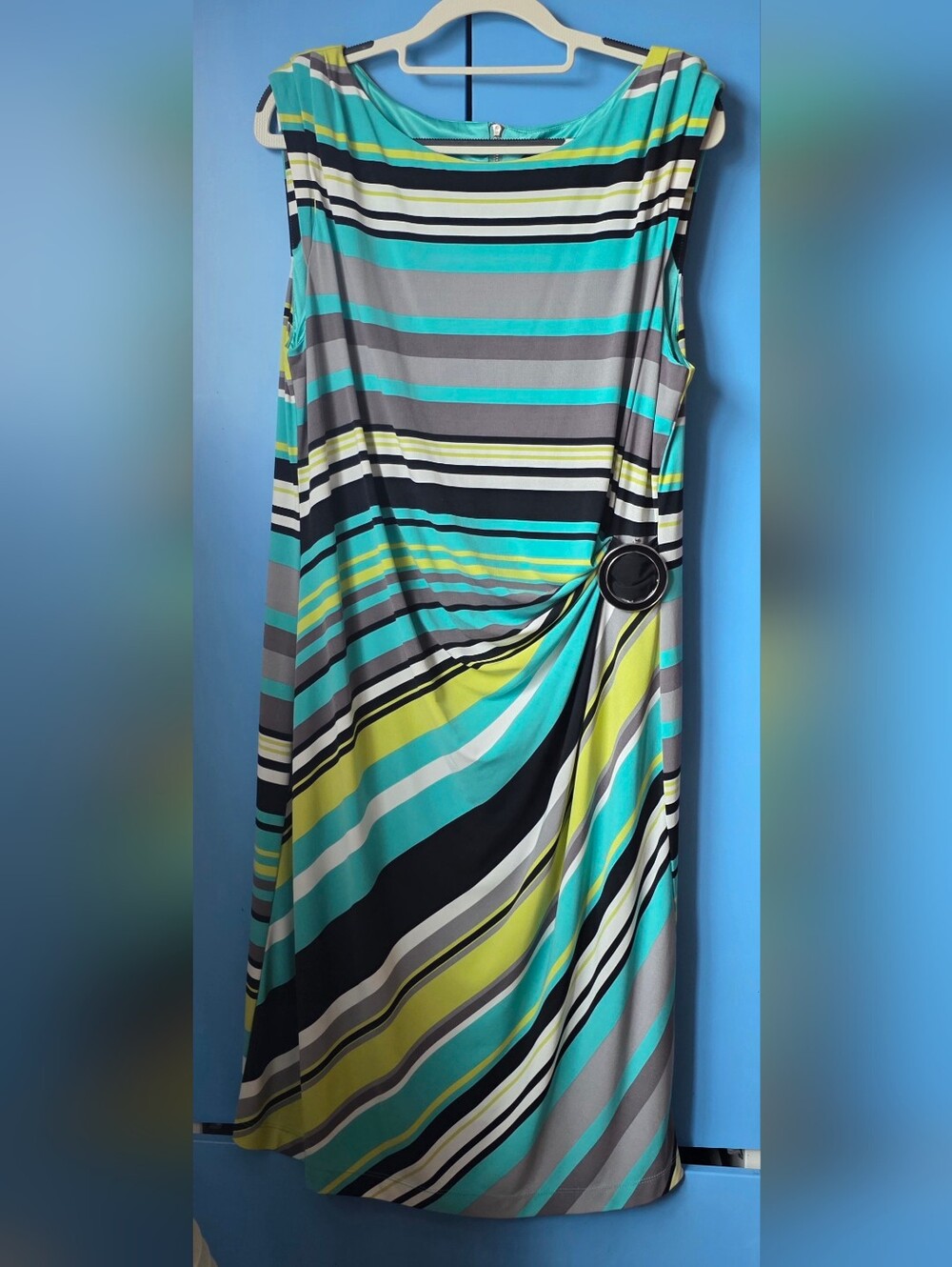 Tahari Striped Sleeveless Jersey Dress in Teal, Gray & Lime